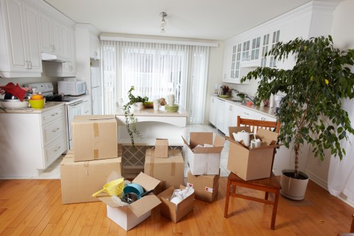 Furniture and household items placed in storage during home renovation